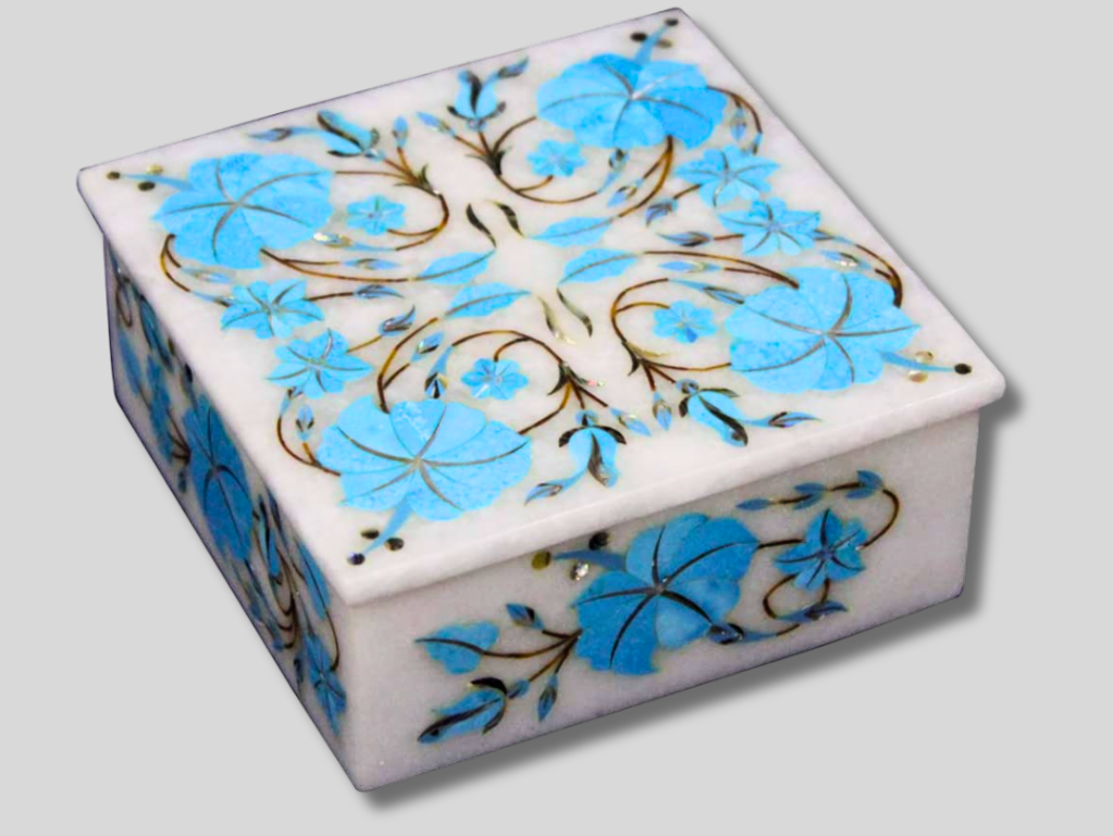 White Marble Turquoise Floral Jewelry Box